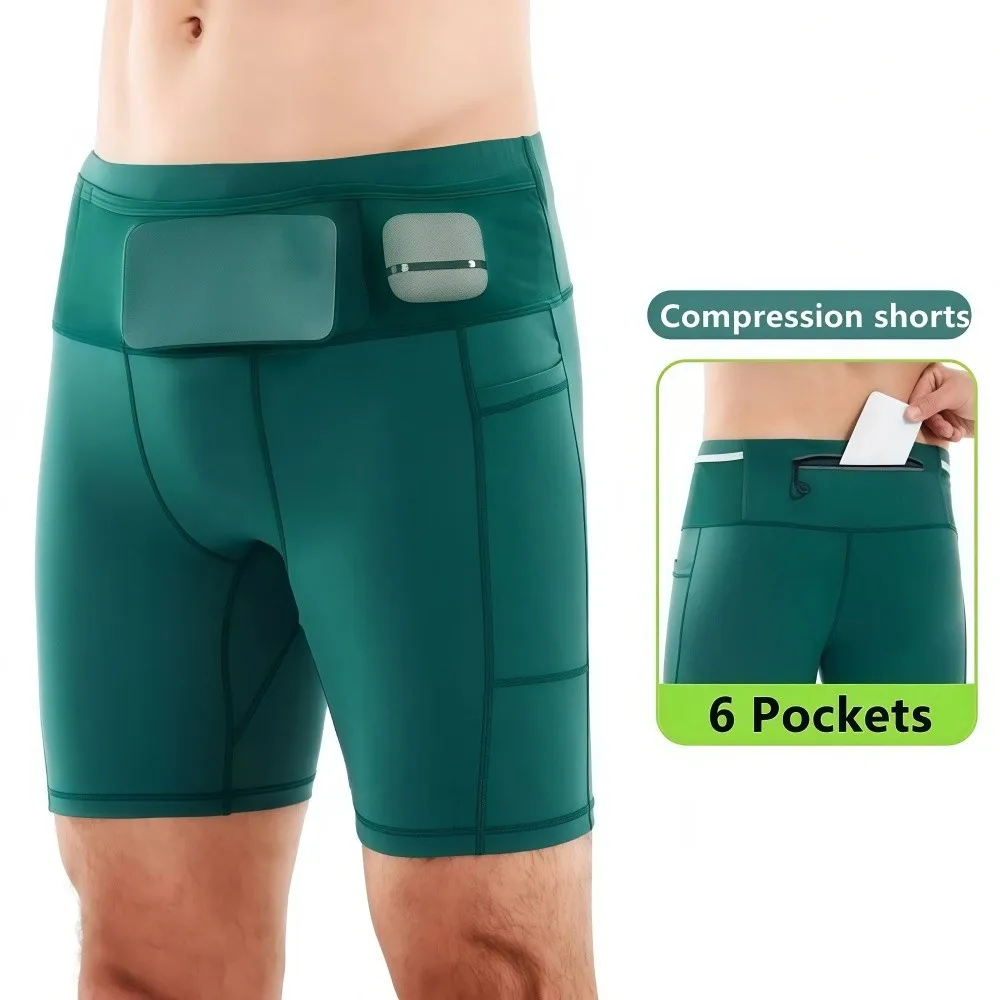 Multi-Pockets Marathon Running Shorts Breathable Quick Dry Compression Gym Tights with Waist Pack Moisture Wicking