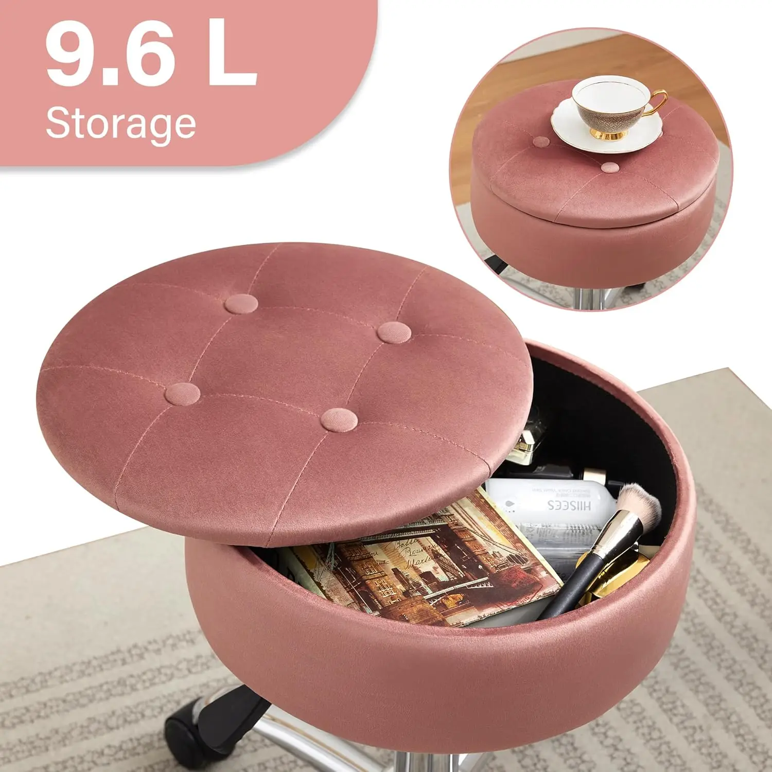 

Swivel Vanity Stool Chair For Makeup Room, Rolling Stools With Wheels, Round Rolling Stool With Storage, Desk Stool With