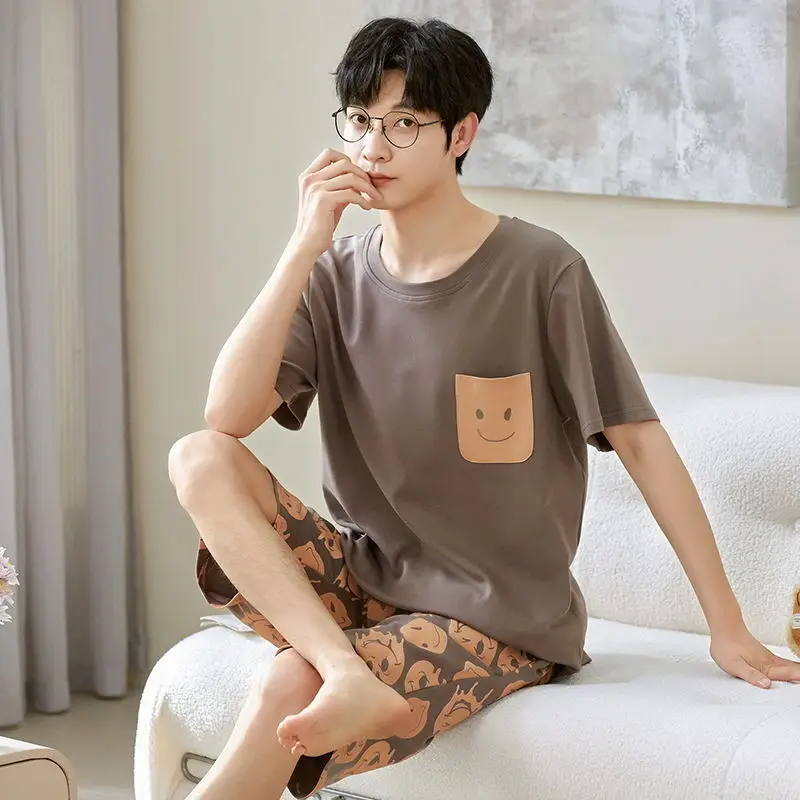 2023 Summer O-Neck Cotton Mens Short Sleeve Shorts Pajamas Set Big Size L-3XL Sleepwear Leisure Suits pijama hombre verano corto