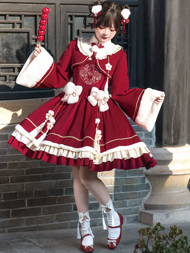 Original Lolita Daily Chinese Style New Year's Robe Red New Year's Clothing Christmas Lolita Dress