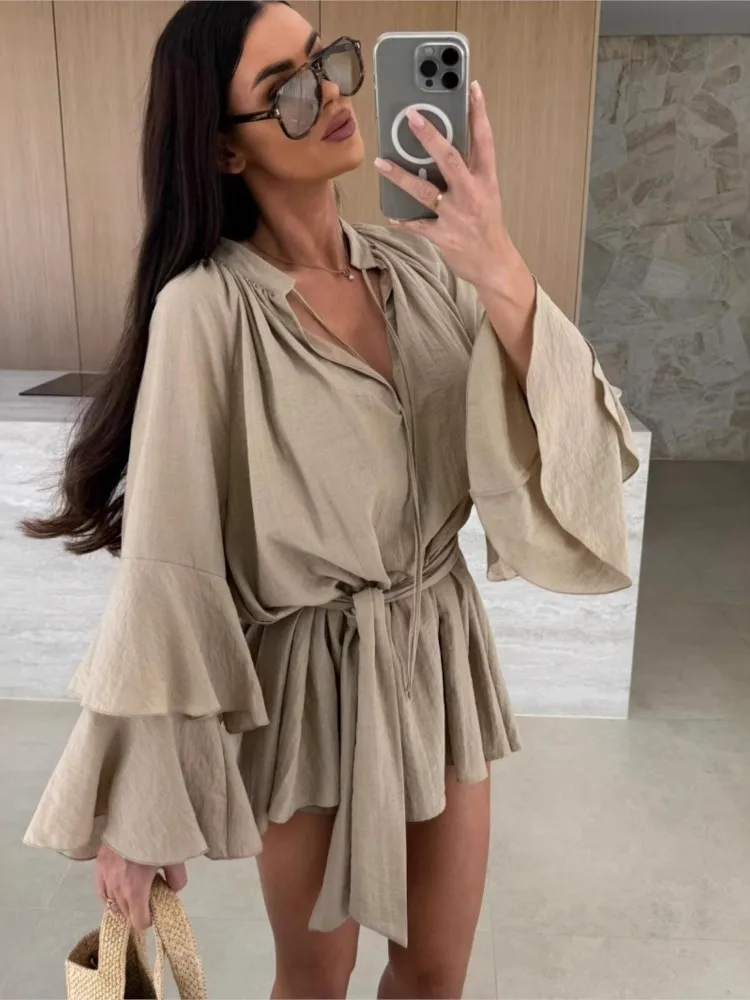 2025 Spring Summer Elegant Ruffle Loose Casual Flare Sleeve V neck Lace Up Irregular Solid Holiday Dresses Sexy Women Mini Dress
