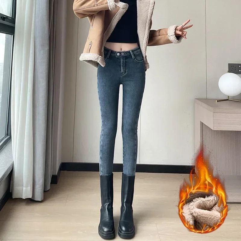 Winter Girls Chic Designer Thermal Fleece Jeans Lady Thicken Velvet Pencil Pants Korean Women Korean Snow Warm Denim Trousers