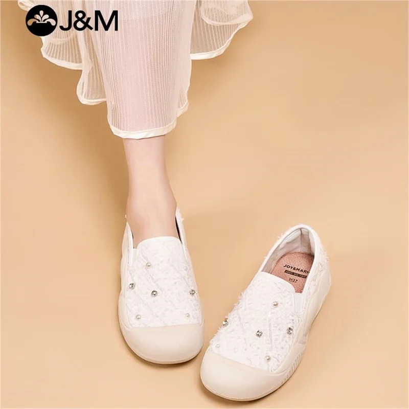 J & M-Mocassins à plateforme en dentelle pour femme, chaussures décontractées à enfiler, baskets noires et blanches, mode printemps et été 2024