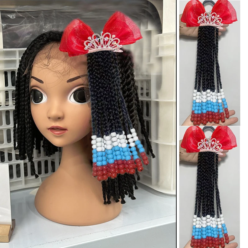 

2 шт., 10 дюймов, косички из бисера, наращивание хвоста, корона принцессы для девочек, заколка для волос с бантом из органзы, съемные синтетические вьющиеся шиньоны