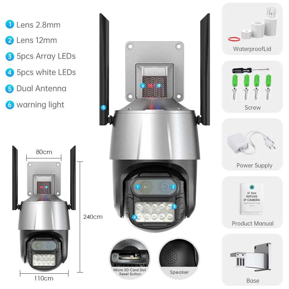 4MP  iCsee APP Dual Lens Shine Light Siren Alarm 8X Zoom PTZ IP Camera Full Color AI Humanoid Detection Security CCTV Monitor