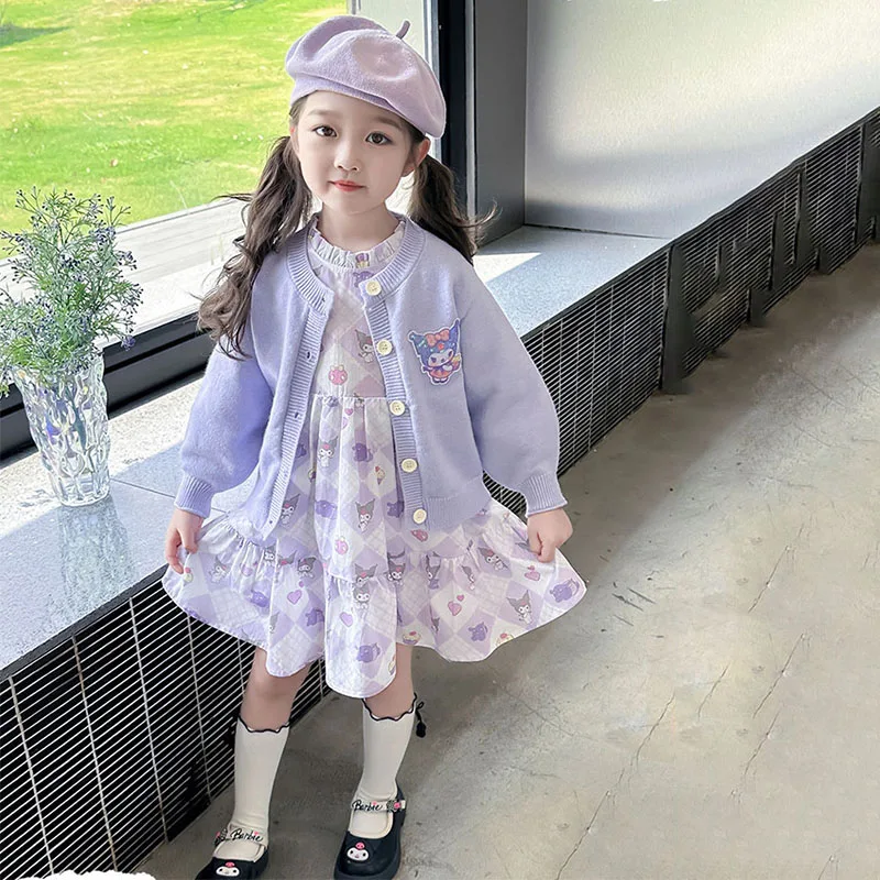 Girls Kuromi Cardigan Skirt Cartoon Sanrios Children Preppy Suit Cute Korean Style Jacket Dress Spring Autumn Children Clothes