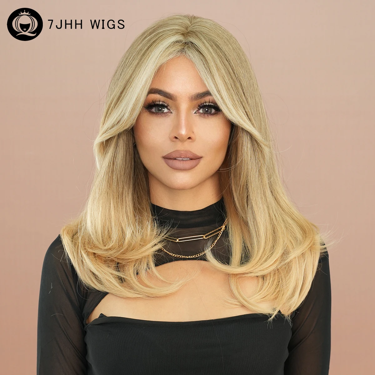 

7JHH WIGS Shoulder Length Ash Blonde Wigs with Curtain Bangs High Density Synthetic Middle Part Hair Wig for Women Daily Use