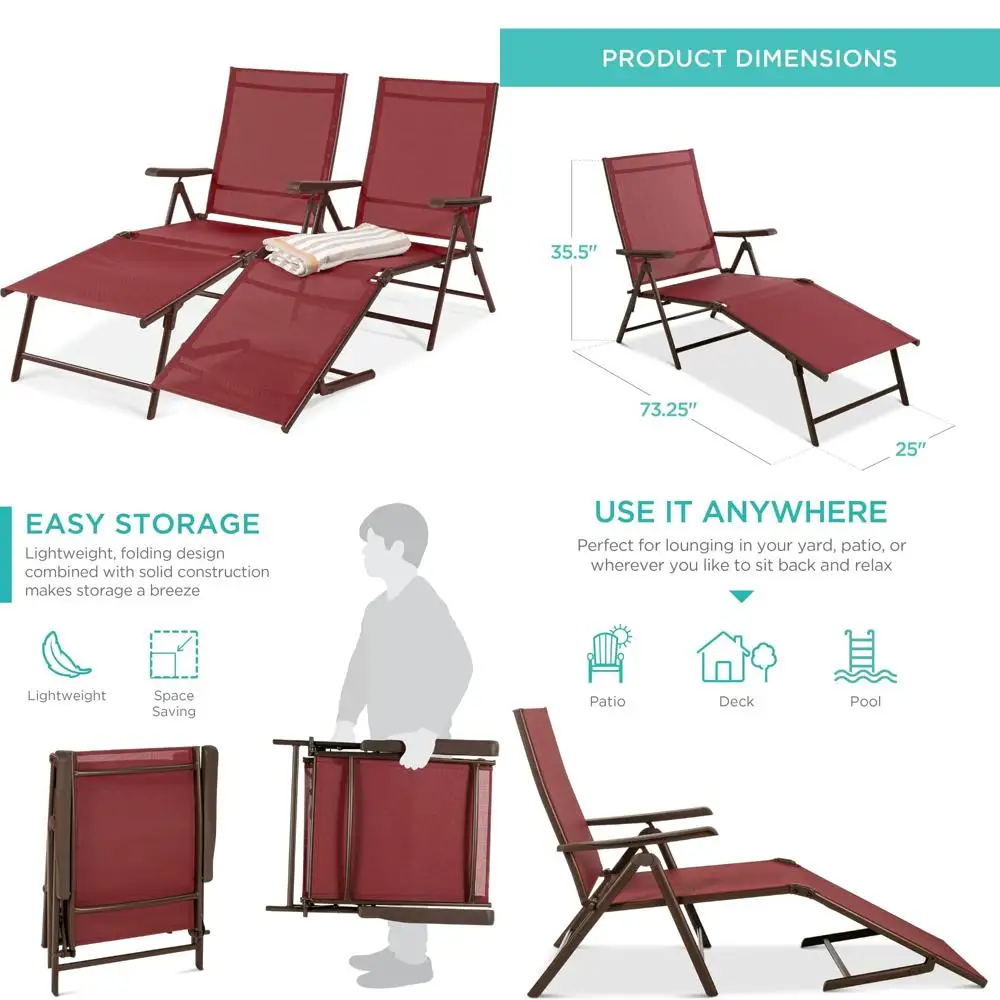 Patio Chaise Lounge Chairs Set of 2, Outdoor Adjustable Reclining Folding Poolside Lounger Chairs for Deck, Backyard, Beach Rela