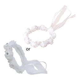 Child Girl Wedding Headband Artificial Mesh Flower Adjustable Ribbon Crown Wreath Faux Pearl Beading First Communion Photo Props