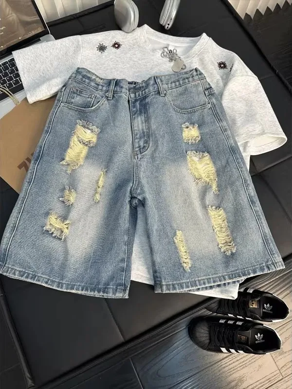 

American Style Cleanfit Men's Denim Shorts Summer Casual Loose Fit Five-Quarter Trousers Trendy Brand Tear Fashionable Jeans