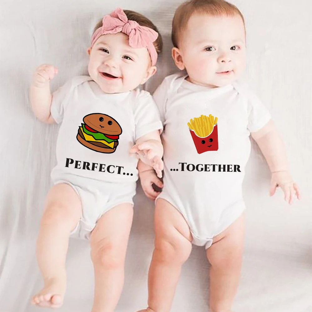 

Perfect Together Twins Newborn Baby Romper Funny Cute Donut Printed Summer Short Sleeve Bodysuit Cute Cartoon Infant Clothes