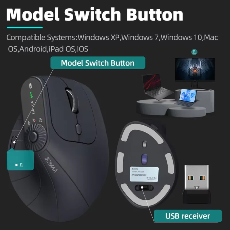 Mouse ergonomico verticale ricaricabile multi-dispositivo Bluetooth wireless 2.4G con manopola di regolazione della funzione per tablet PC