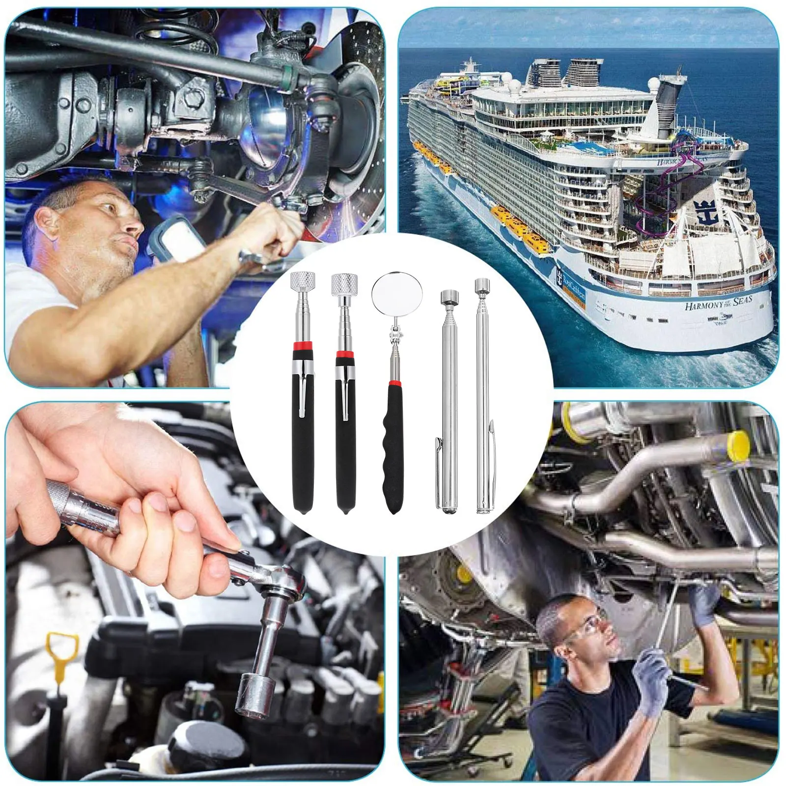 

5 pcs Telescoping Magnetic Pickup Tool Flexible H Extendable Repair Swivel Mirror Vehicle Undercarriage Check Narrow Space
