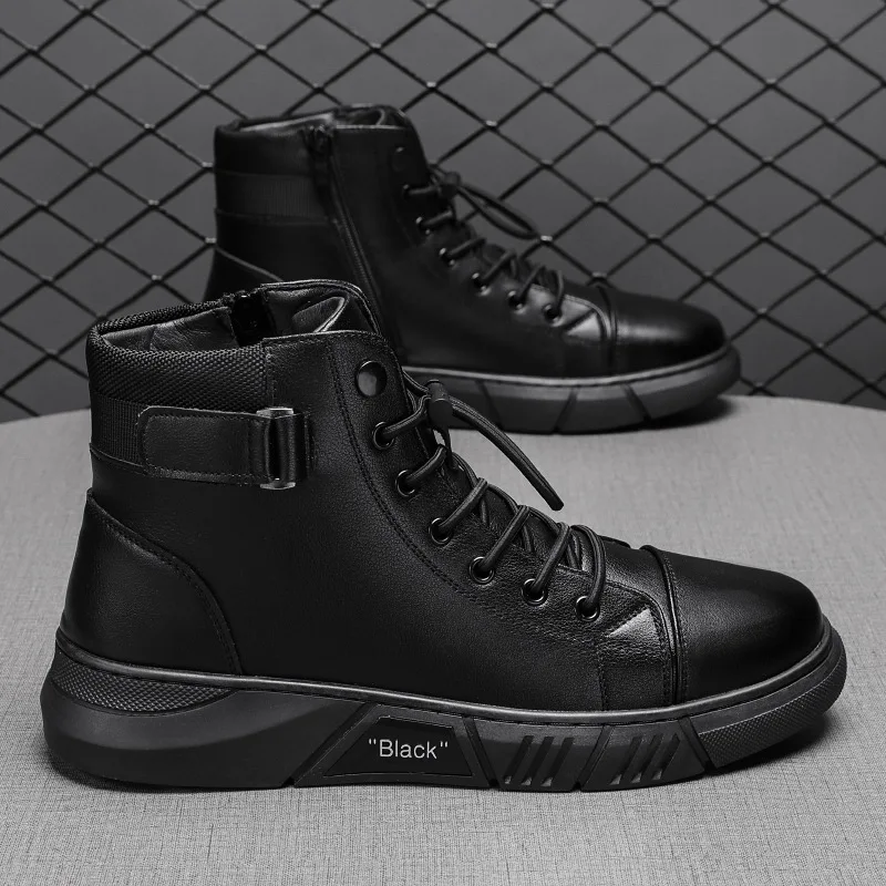 2023Men Shoes  Flat Casual Ankle Boots Fashion Black British Men Boots Sport Lace Up High Top Short Boots Zapatillas Hombre