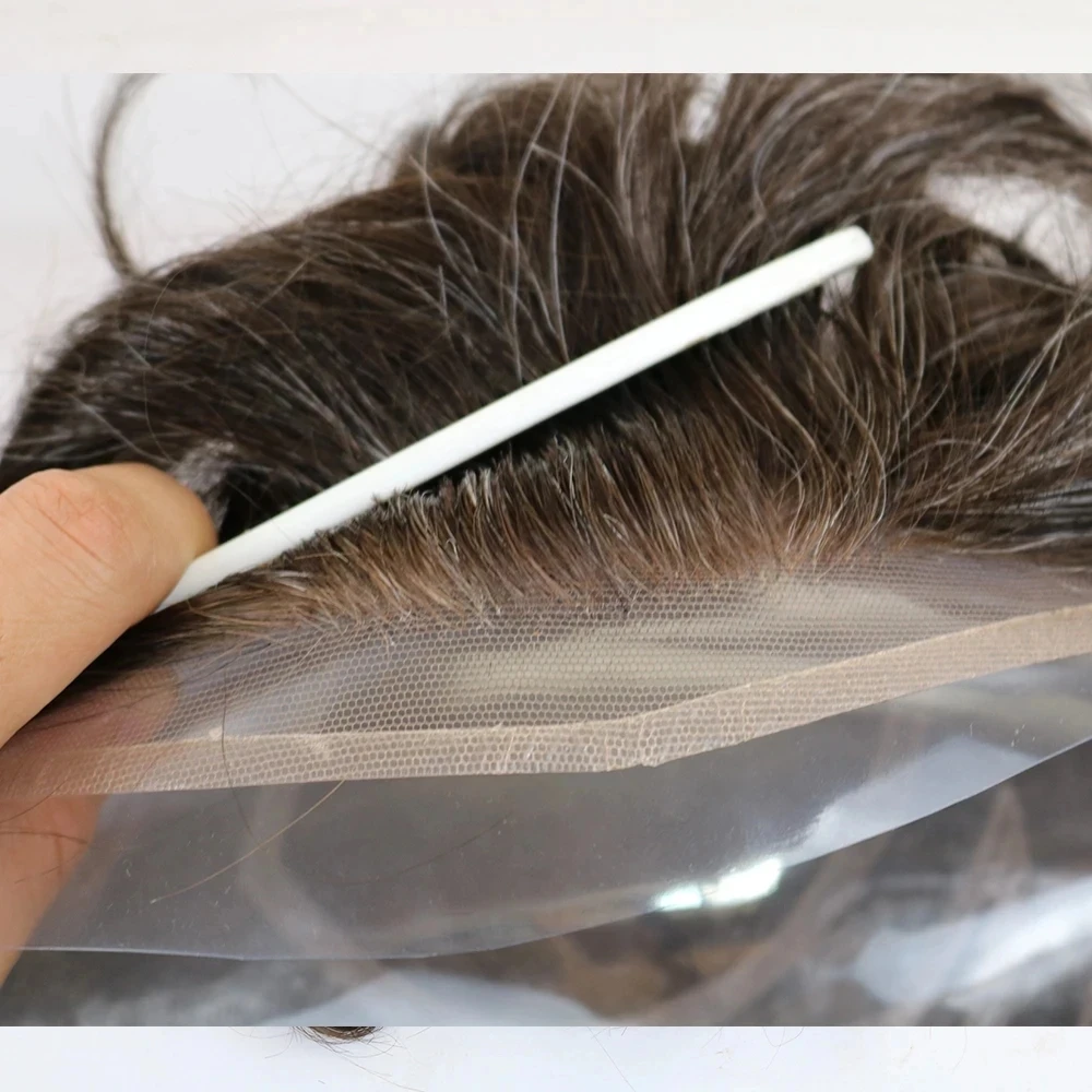 1BT60R Toupet für Männer, Vollständige Schweizer Spitzenbasis, Männliches Haarprothesesystem, Grau-Schwarz, Natürliches Echthaar, Herrenperücke, Haarprothese für Männer – Detail 3