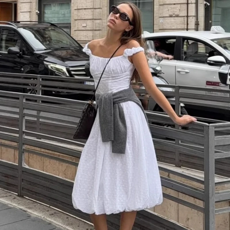 

TARUXY Women Jacquard Off-The-Shoulder Dress Summer New French Hollow Embroidery Slim Flower Bud long Dress Female Banquet Dress