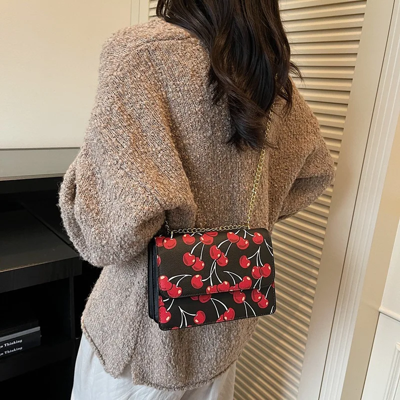 

New Stylish and Elegant Small Square Bag PU Contrasting Color Popular Printed Cherry Oblique Span Bag, Versatile Handbag