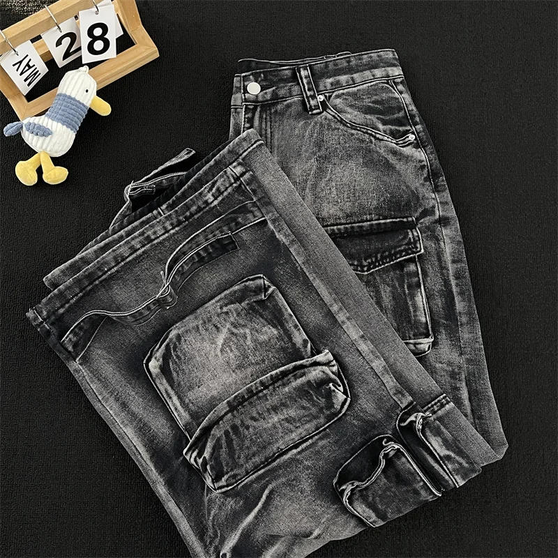 Multi Pocket Cargo Jeans For Men Black Gray Distressed Denim Pants American High Street Fashionable Hip hop Wide Leg Trousers
