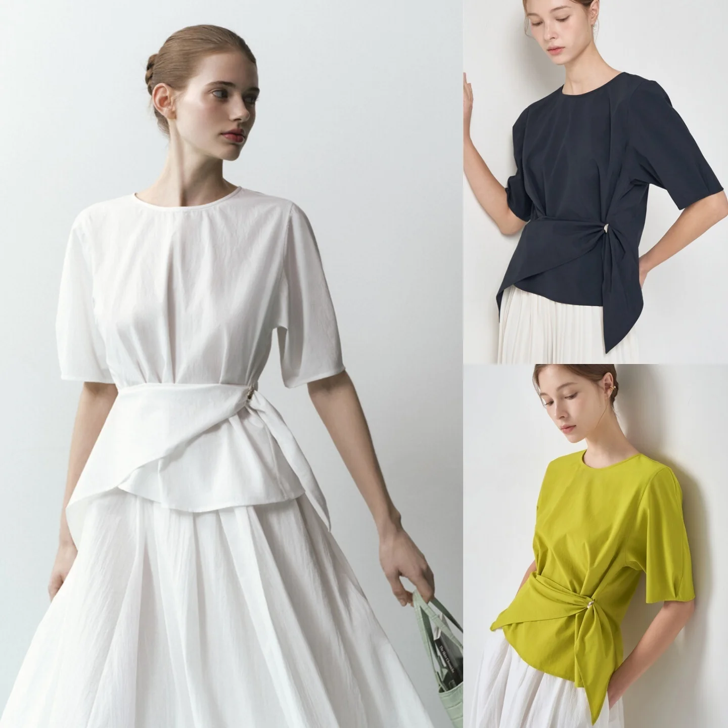 

Super Beautiful Buckle Short Sleeve Shirt Hardware Waist Belt Easy to Outline Waist Line Small Shirt Korean Style Commute