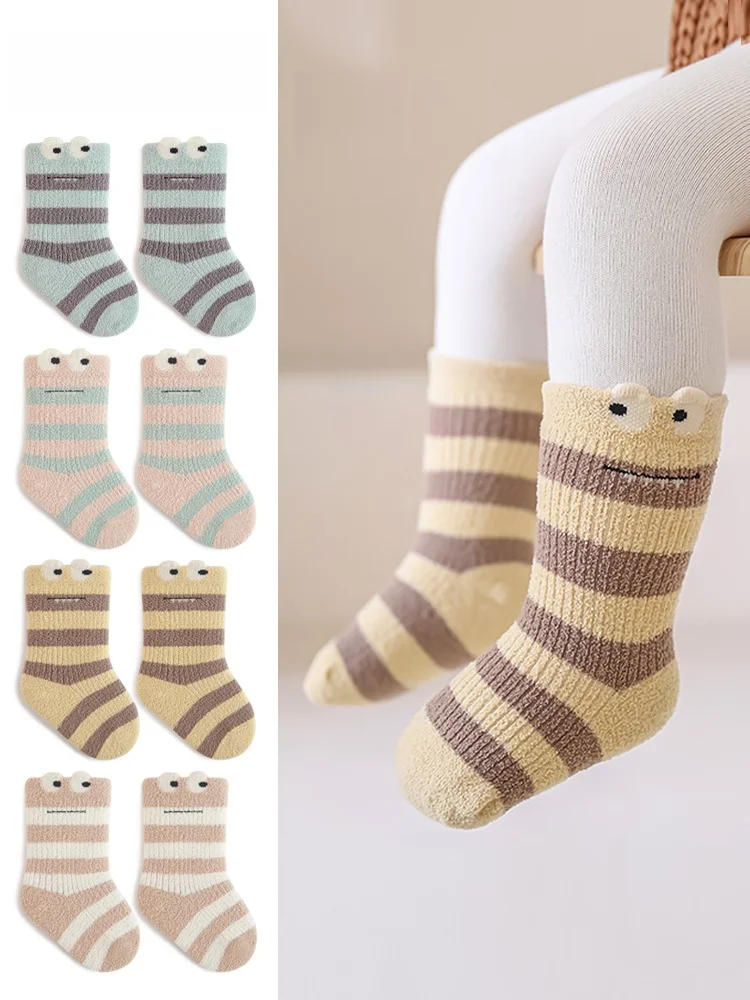 

Зимние носки для новорожденных, утепленные флисовые теплые носки до середины икры, милые полосатые носки с героями мультфильмов для малышей для мальчиков и девочек