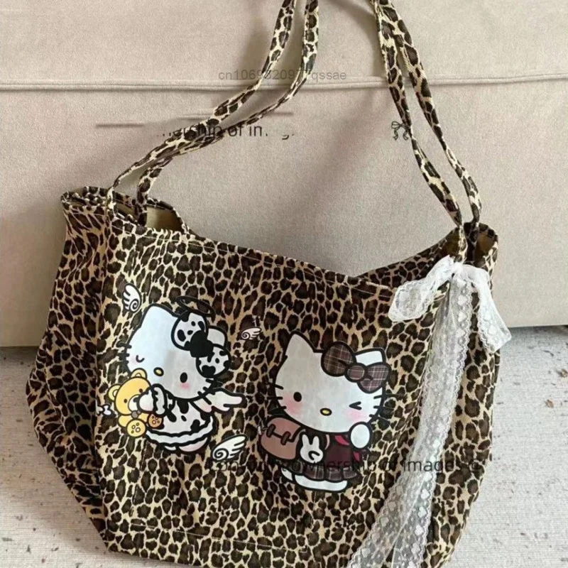 Sanrio Boho Hello Kitty American Leopard Print Shoulder Bag Y2k New Large Capacity Trendy Pattern Backpack Versatile Tote Bag