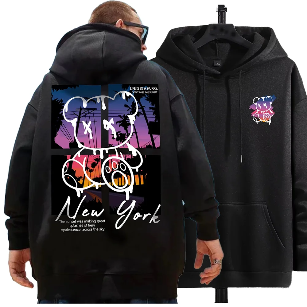 New York Art Wort Cartoon Bär Sonnenuntergang Landschaft Design Männliche Kleidung Hip Hop Straße Hoodies Allgleiches Taschenpullover Männer Hoody