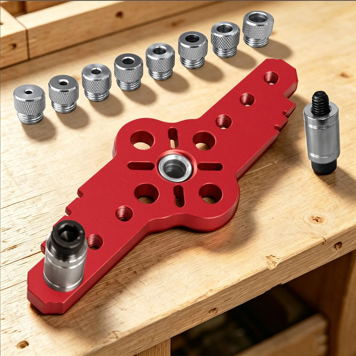 Selbstzentrierende Dübelvorrichtung, Aluminiumlegierung Holzbohrführung, Präzise Lochbohrschablone DIY-Werkzeuge – Detail 4