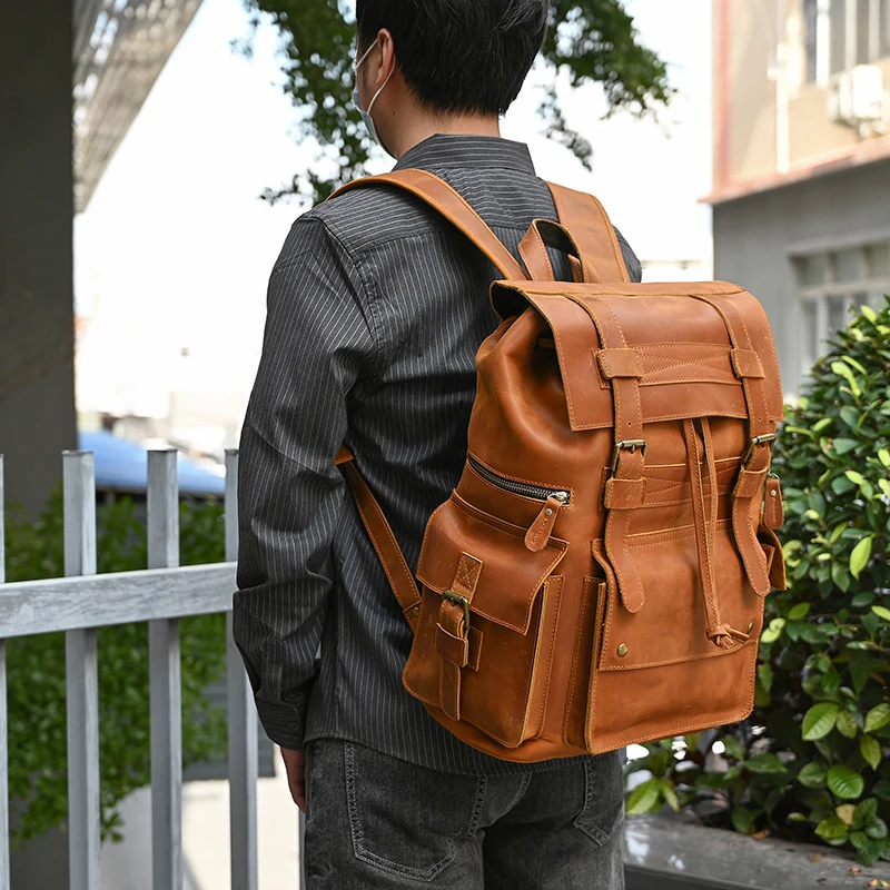 Rindsleder Rucksack Für Männer Aus Echtem Leder Tasche 16 Zoll Rucksack Männliche Große Kapazität Reisetasche Crazy Horse Haut Männer Wochenende tasche