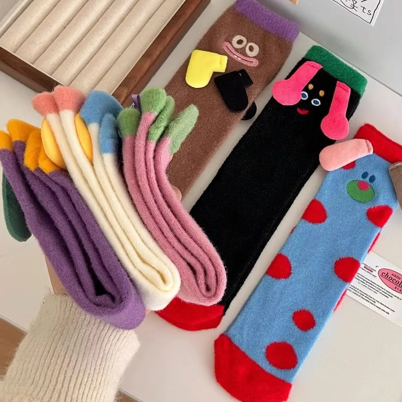 1Pair Ugly and Cute Funny Fleece Floor Socks Thickened and Warm Autumn and Winter Couple Cartoon Medium Sleeve Home Socks