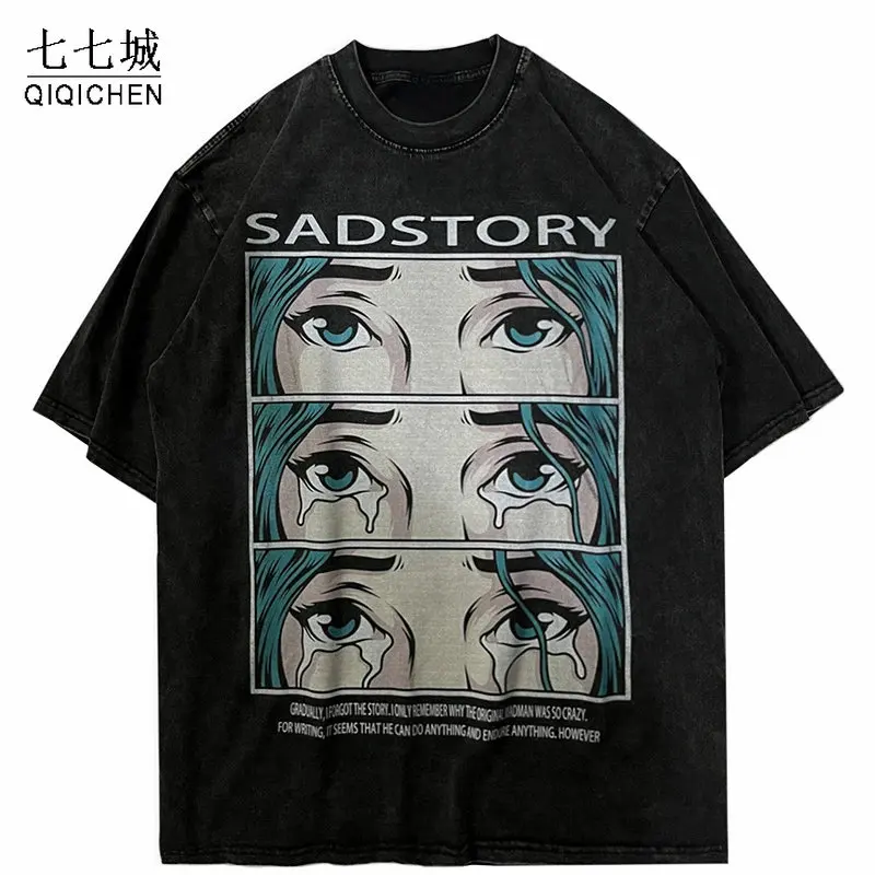 Men Streetwear T Shirt Harajuku Cartoon Tearful Eyes Graphic T-Shirt Hip Hop Oversize Washed Black Retro Tshirt Cotton Tops 2023