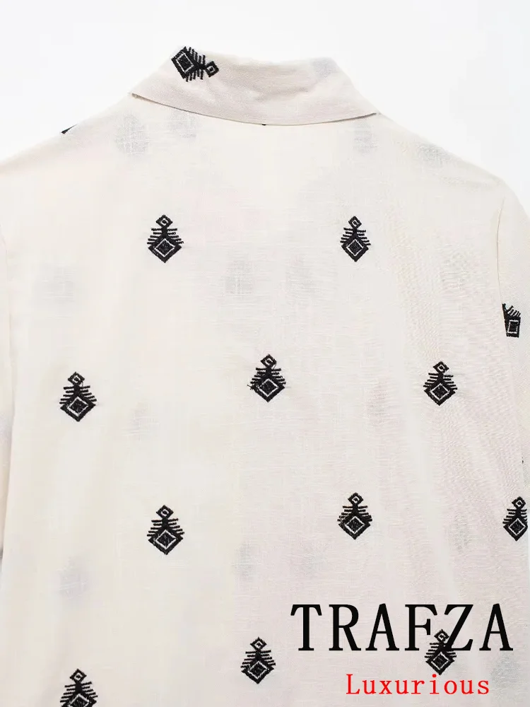 TRAFZA-Terno bordado chique vintage para mulheres, blusa de peito único, calças soltas, colarinho virado para baixo, moda natalícia, conjuntos de outono, 2024