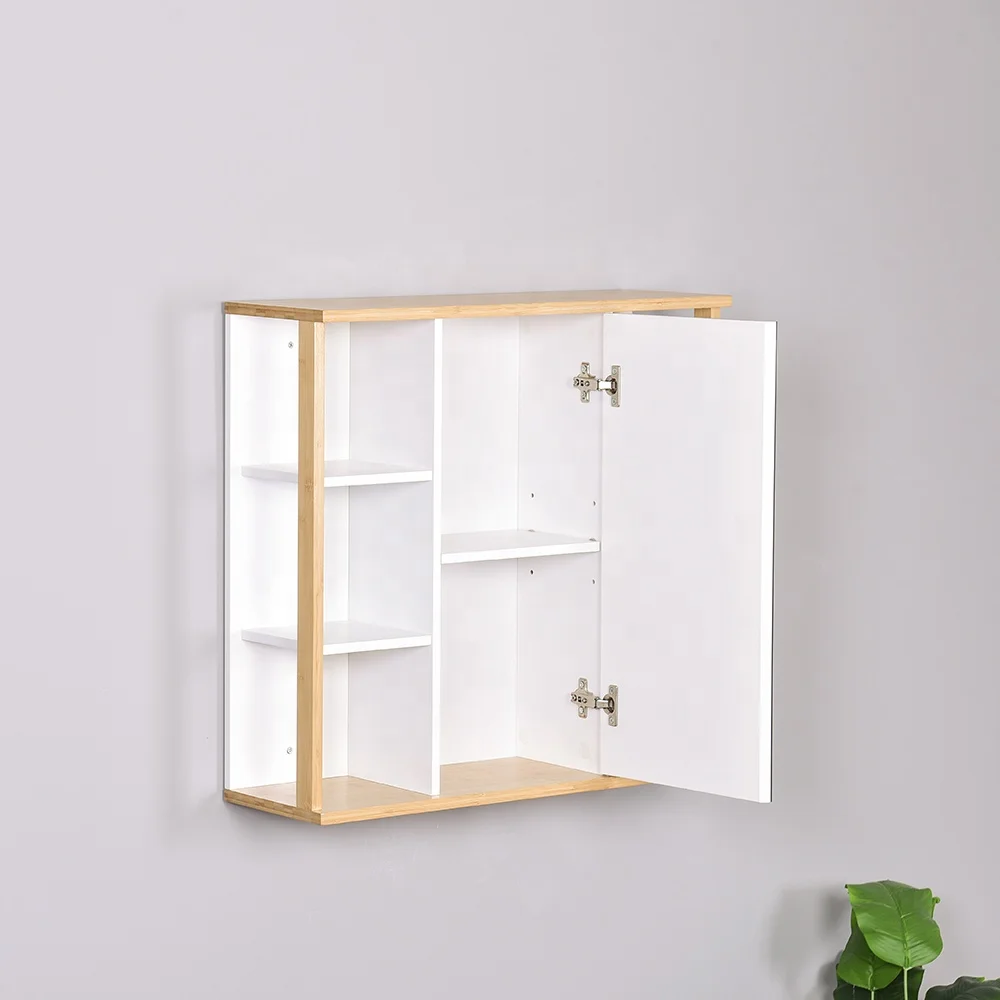 Manufacture Bamboo Wall Shelf Display Shelves Wall Mounted Mirror Cabinet with Organizer Storage Cupboard and Adjustable Shelf