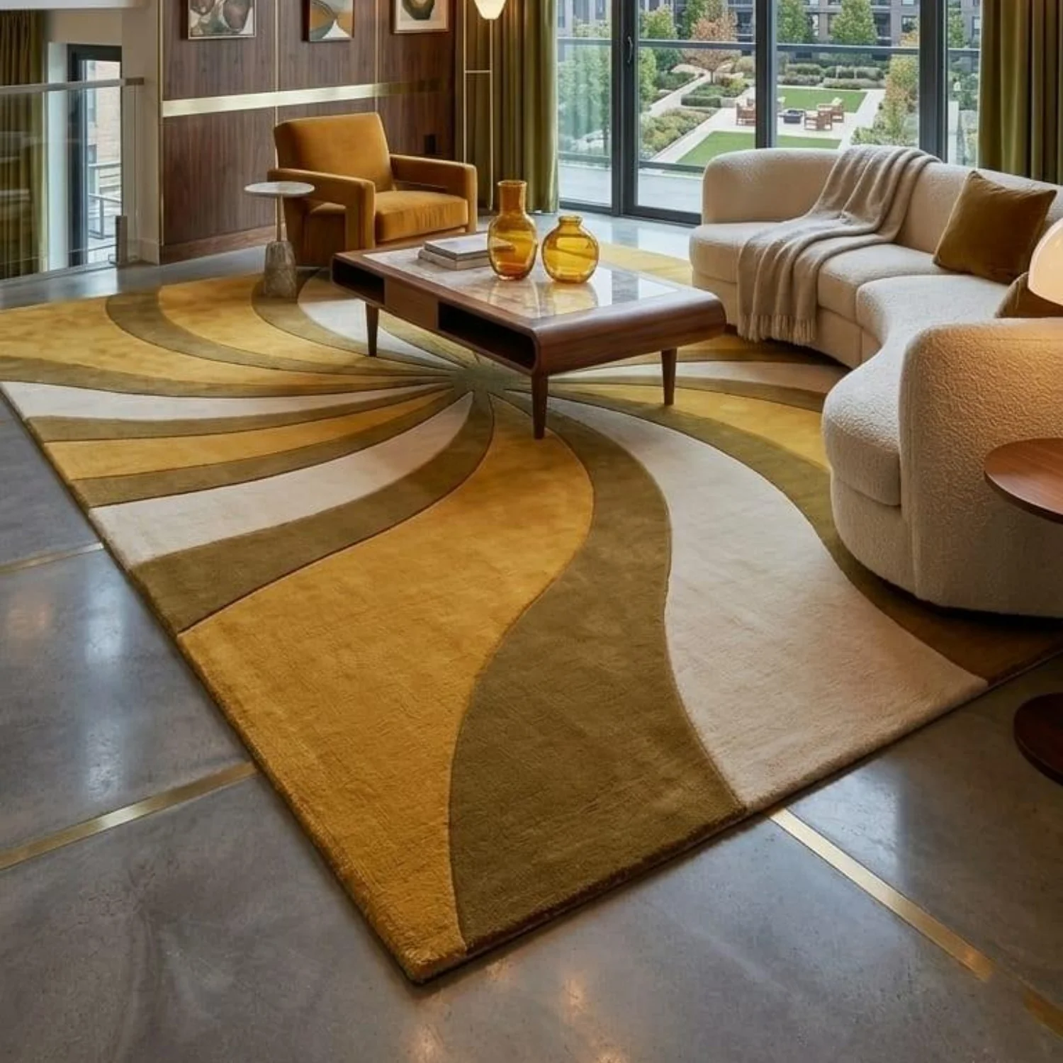 Room Decor Rug  Terracotta Mustard Sunburst Wool Rug, Mid Century Modern 3D Carved Carpet