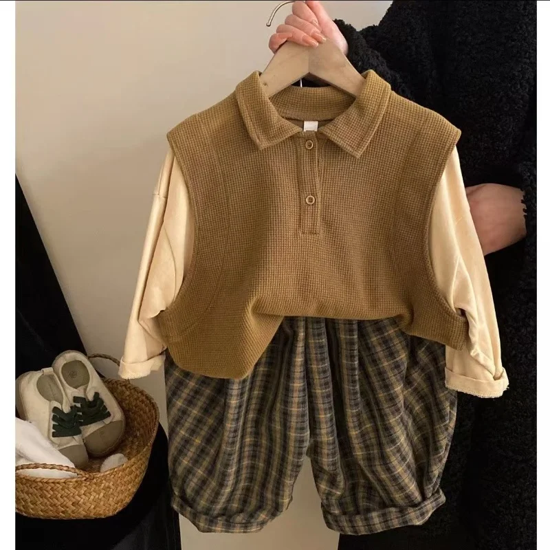 

Children's Set Spring and Autumn New Boys and Girls Korean Edition Retro Fake Two piece Polo Shirt Checkered Pants Two piece Set