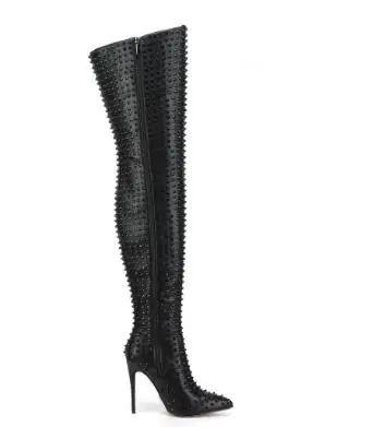 كامل الشظية الأسود المسامير ديكور أشار تو سستة الجانب رقيقة الكعوب فوق الركبة أحذية النساء فاسق سليم الفخذ أحذية طويلة الأحذية