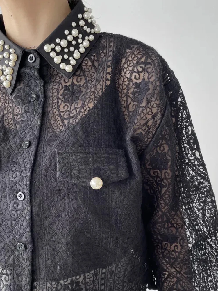 HAND-Made ลูกปัดตะขอดอกไม้ Hollow OUT เสื้อสีดําผู้หญิงแขนยาวหลวม Casual Cropped TOP เสื้อแฟชั่นเสื้อโปร่งใส