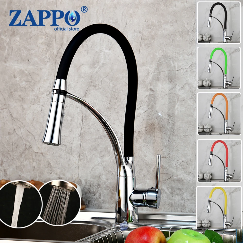 

ZAPPO Kitchen Sink Faucet Solid Brass 360 Swivel Hot Cold Water Mixer Universal Mixer Tap Pull Down Spray Black White 7 Choice