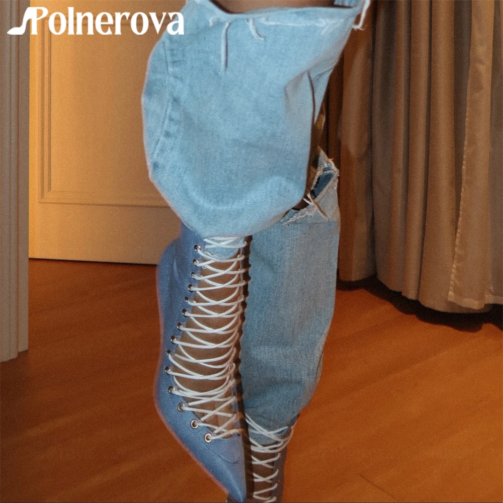 Multiple Strappy Booties Light Blue Denim Stiletto Boots Sexy Pointed Toe Ankle Boots Women's Fashion Style Banquet Summer Boots