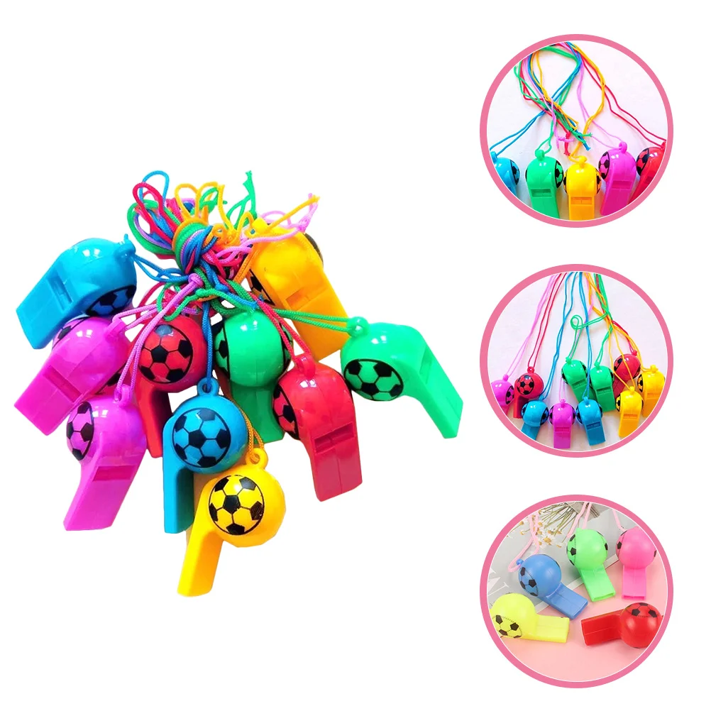 100 قطعة صفارات كرة القدم مشرق اللون البلاستيك الحبل صانع الضوضاء هدايا الحفلات موضوع الرياضة لوازم صفارات مع الحبل #5