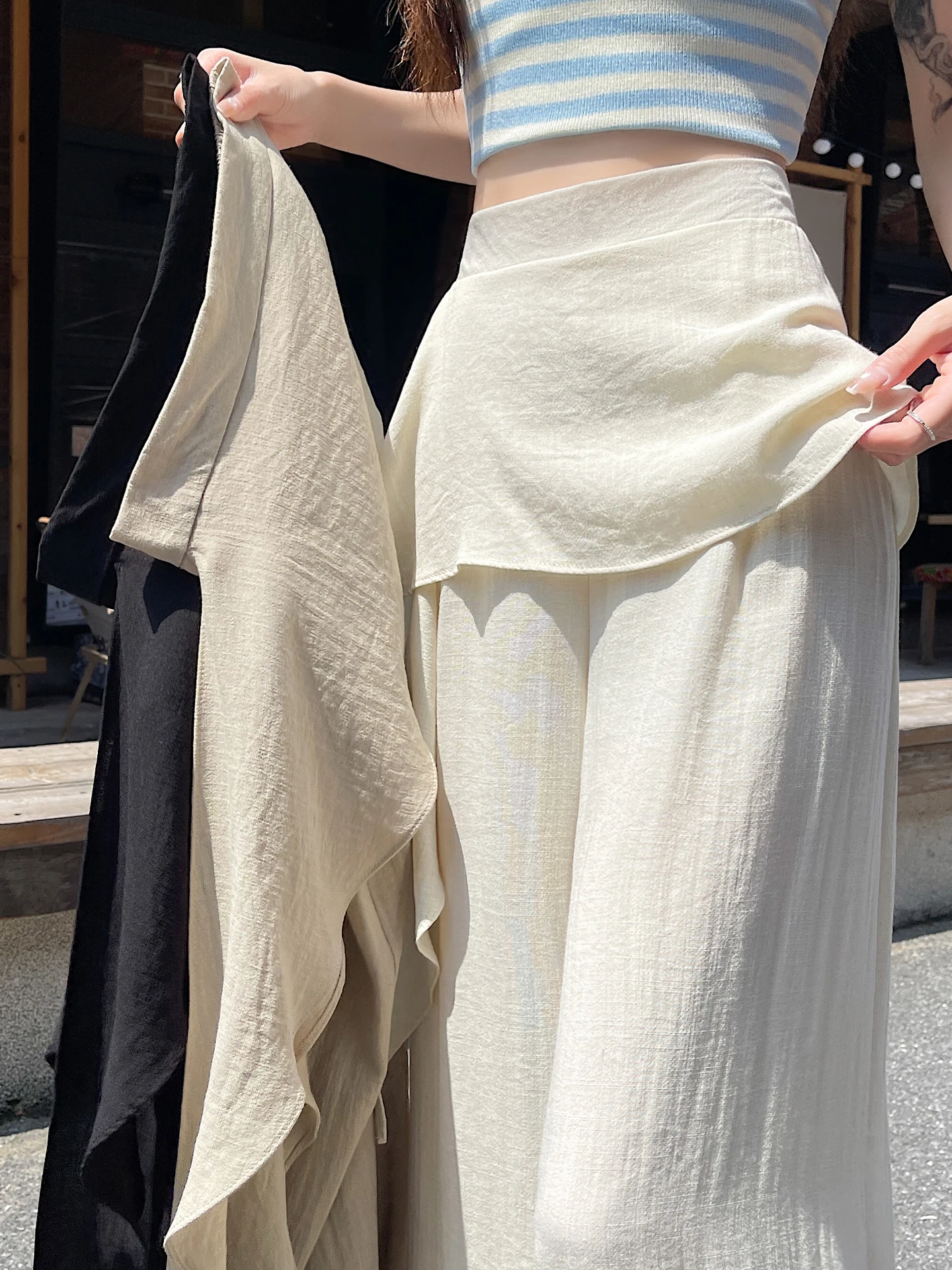 

Chic Ice Silk Linen Wide Leg Pants Women Summer New Style Draped Straight Leg Linen Skirt One-Piece High Waist Casual ...