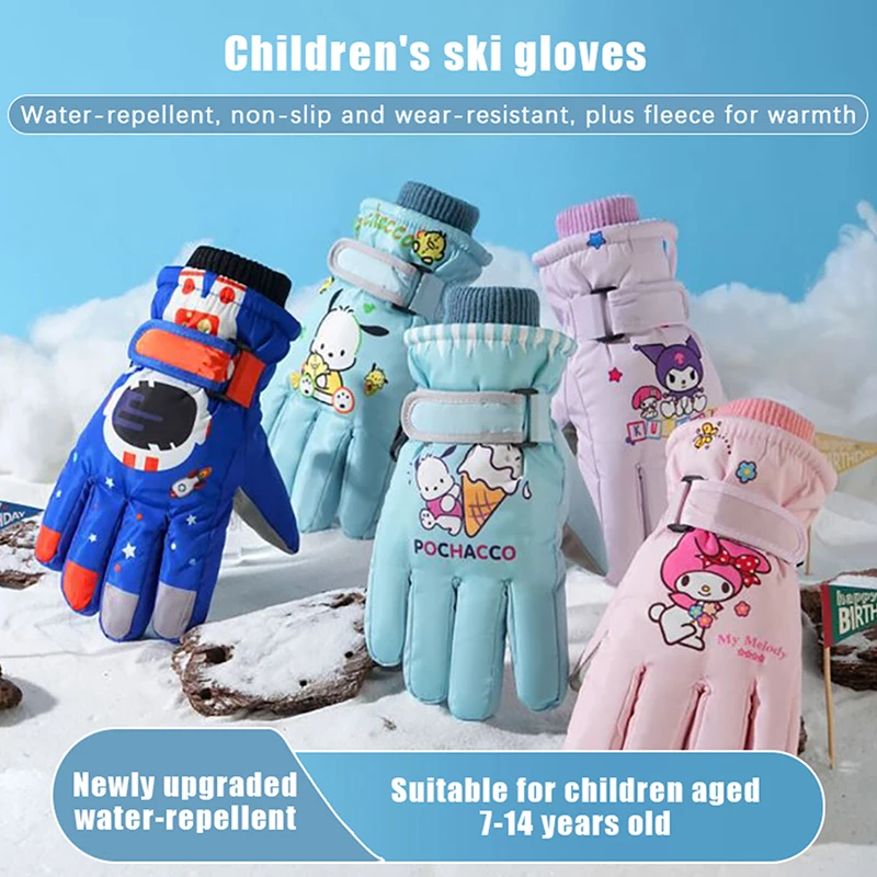 Kawaii Sanrio Cartoon Children Gloves Cute Kuromi Pochacco My Melody Autumn Winter Padded Warm Ski Gloves Girls Boys Gifts