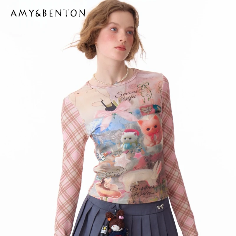 

2025 Spring And Summer American Retro Ladies Tops Original Design Pink Plaid Cute Rabbit Print Slim Long-sleeved Women's T-shirt