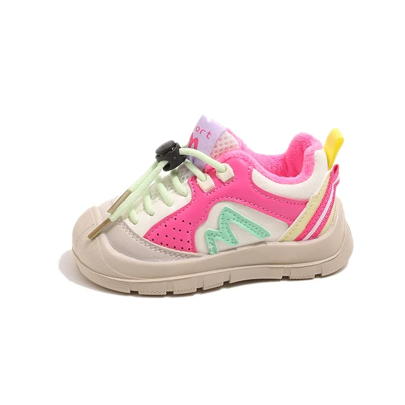 Kids Fleece Lined Athletic Sneakers, Toddler Warm Winter Running Elastic Laces and Buckle, Non-Slip Thick Sole Boys Girls Sports