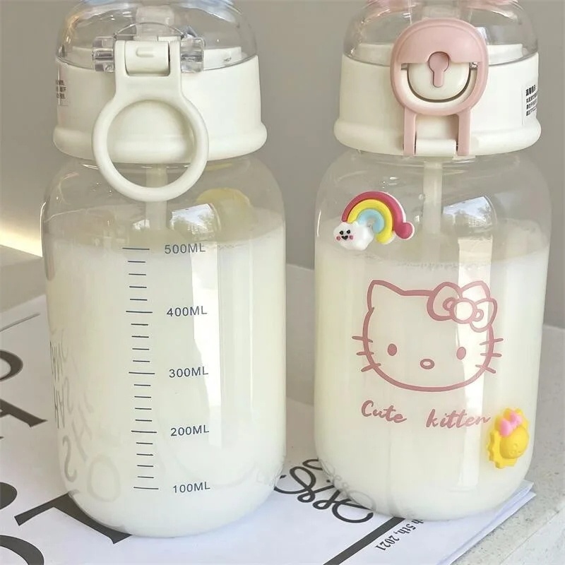 600ML Hello Kitty Transparent Straw Cup Cute Sanrio Kuromi Pochacco Portable Water Cup Girls PU Kawaii Sport Straw Bottle Gift