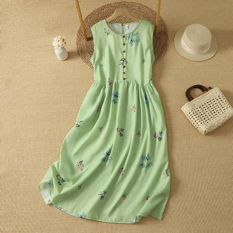 plus Size Slimming A-Line Dress Summer New Print Sleeveless Flared Skirt Waist Cinching Belt Casual Commute Style Women's Dress