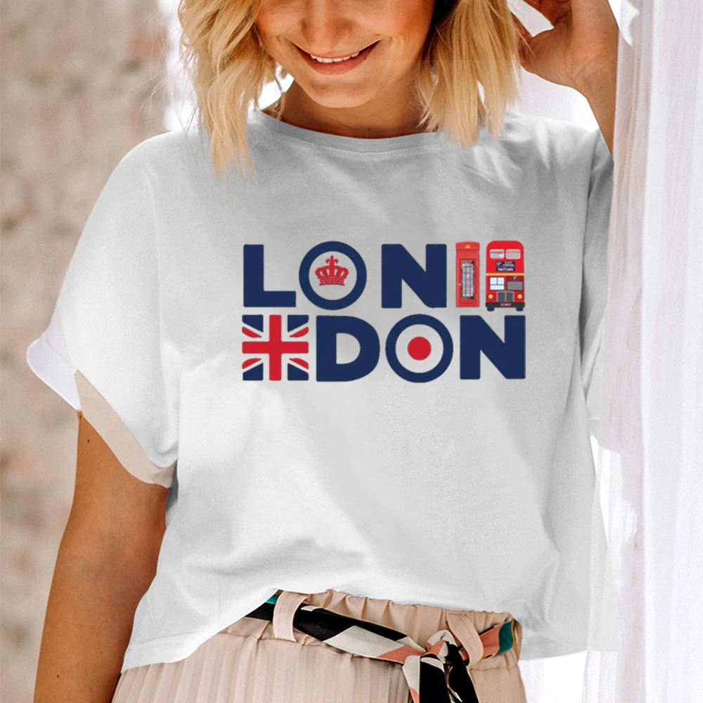 London England T-shirt Union Jack Telephone and Bus Printed Adult Souvenir unisex regular fit tshirts LONDON t-shirts for women