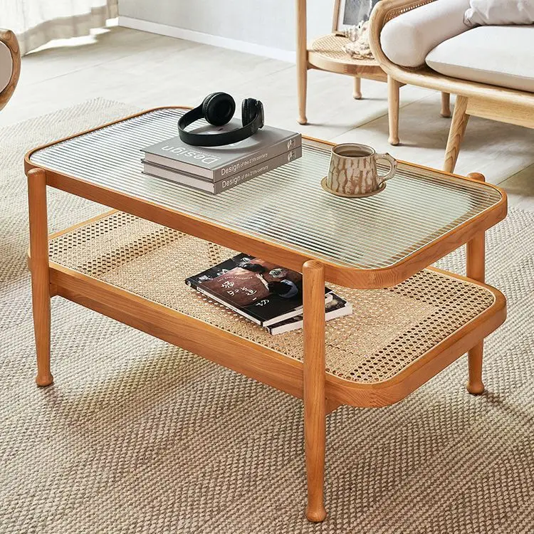 

Wabi-sabi Ash Wood Double-Tier Solid Wood & Rattan Coffee Table – Modern Minimalist Living Room Side Table
