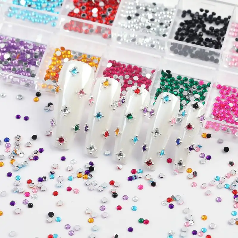 12 Grids 2mm Flatback Nail Rhinestones Bulk Multicolor Crystal Gems for Student DIY Craft Nail Art Projects