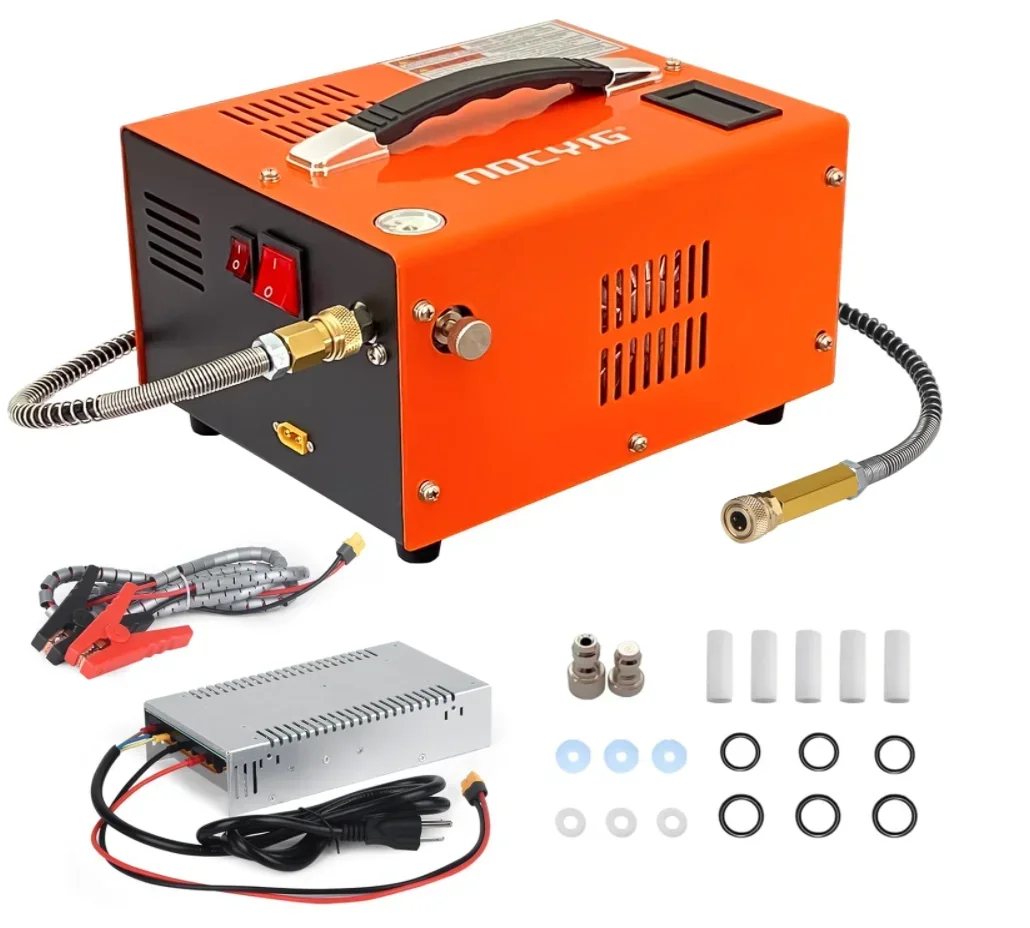 Pcp air compressor 4500PSI 300bar 30mpa portable Pcp compressor, 12V DC/110V AC Pcp manual stop, with external power adapter