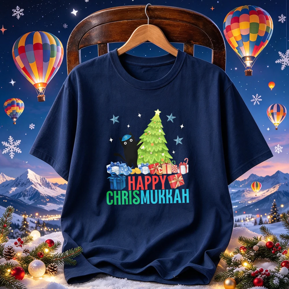 Happy Chrismukkah Black Cat Christmas Tree Gift Box Star Graphic Casual Top Funny Xmas Hanukkah Mixed Holiday Streetwear T-Shirt